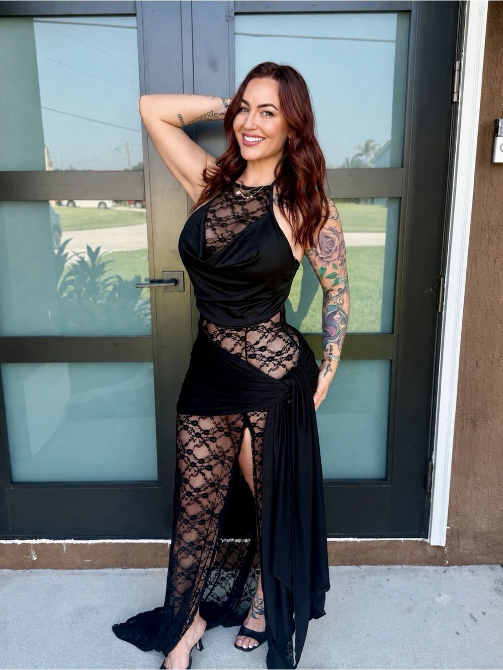 Elegant Black Lace Halter Gown - Women Dresses